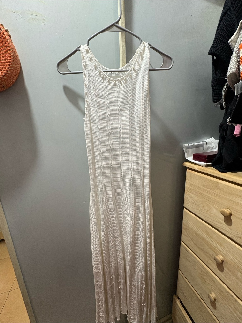 Women's Cream Crochet Maxi Dress  with pearl details